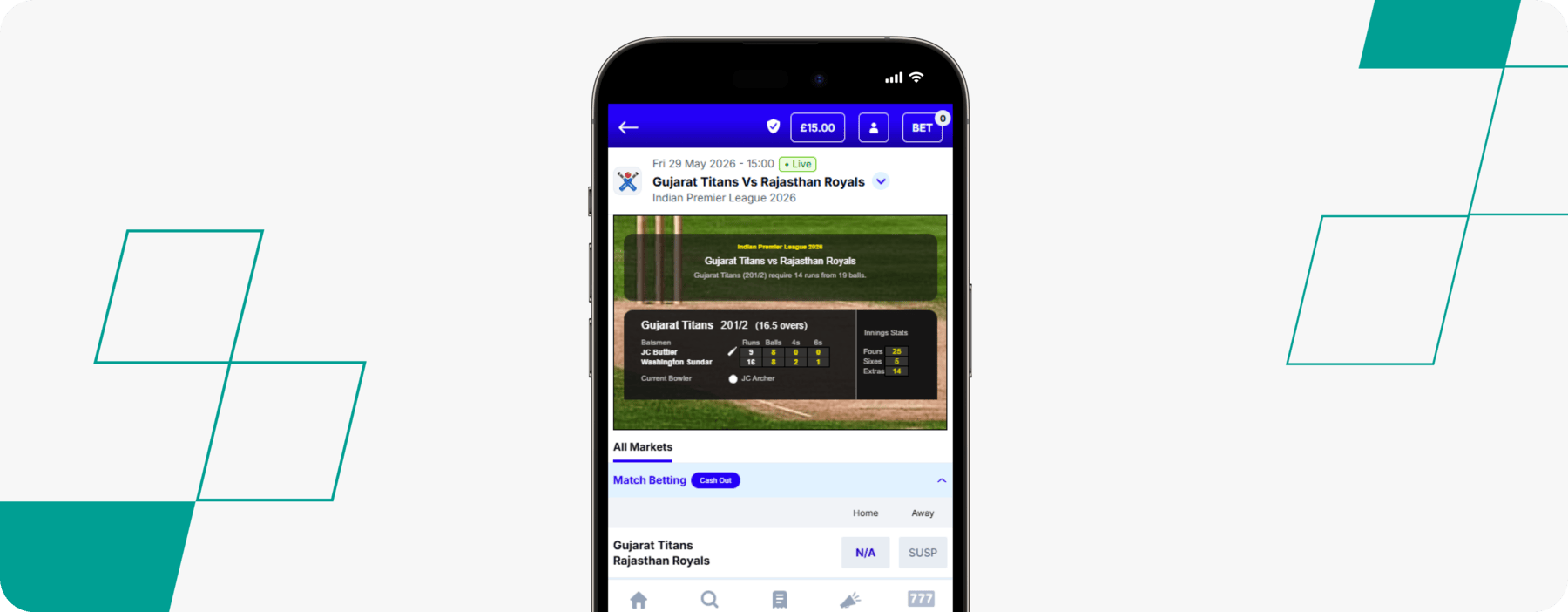 screenshot of boylesports app cricket match page