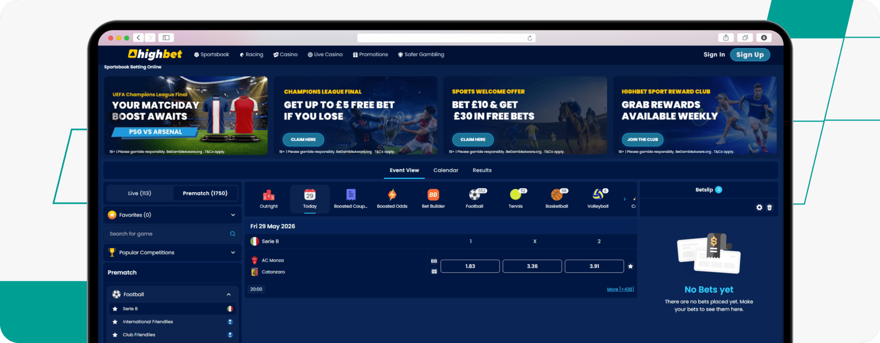 screenshot of highbet sportsbook main page