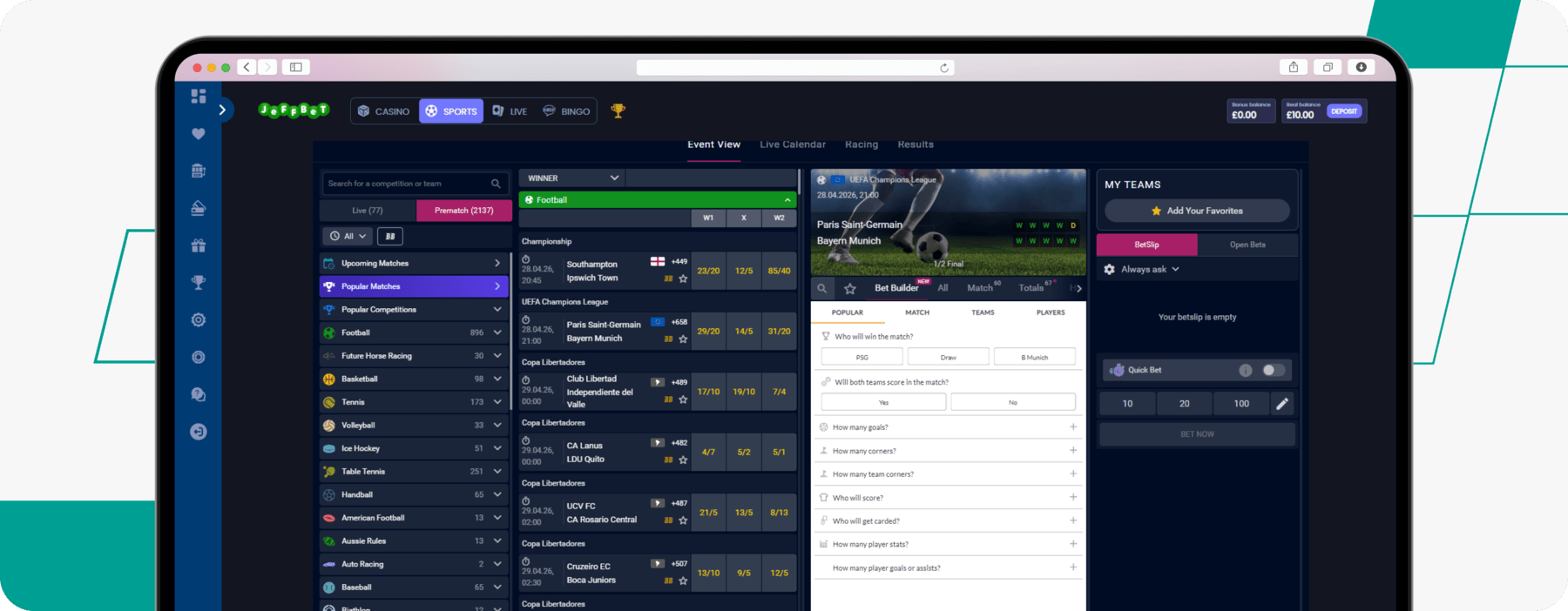 screenshot of jeffbet bet builder feature