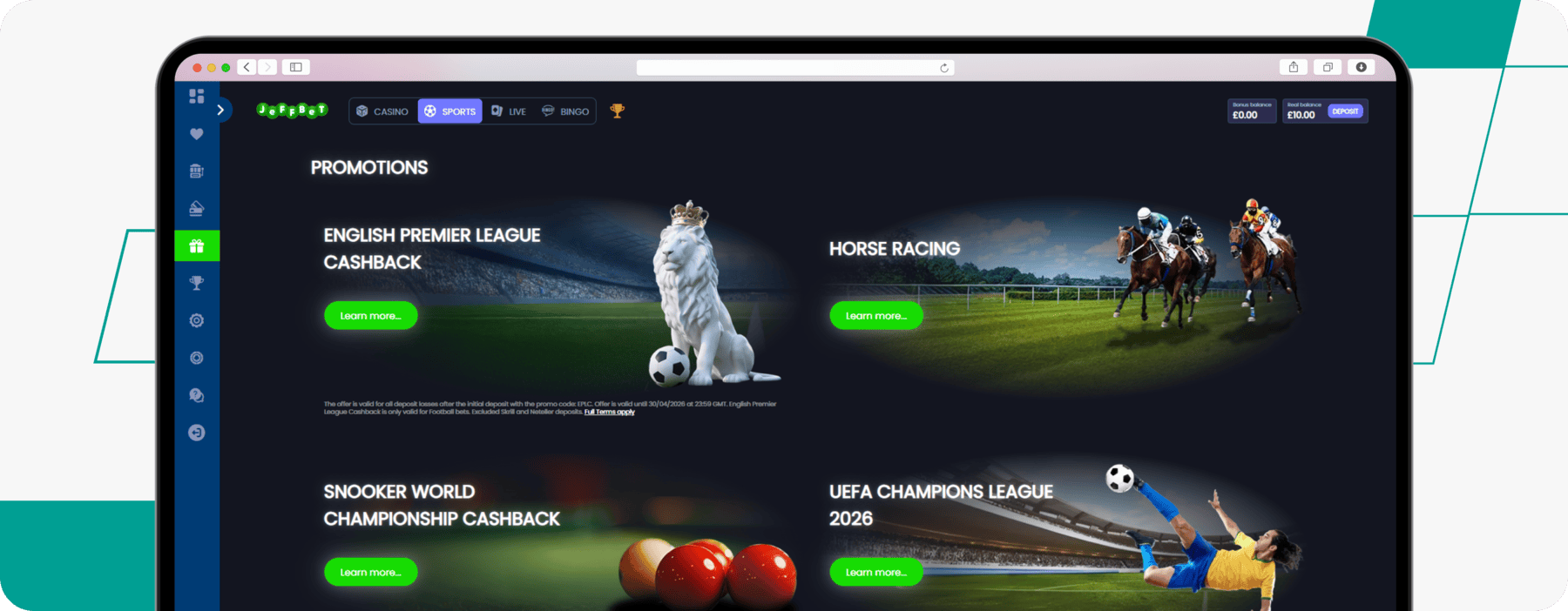 screenshot of jeffbet sports promotions page