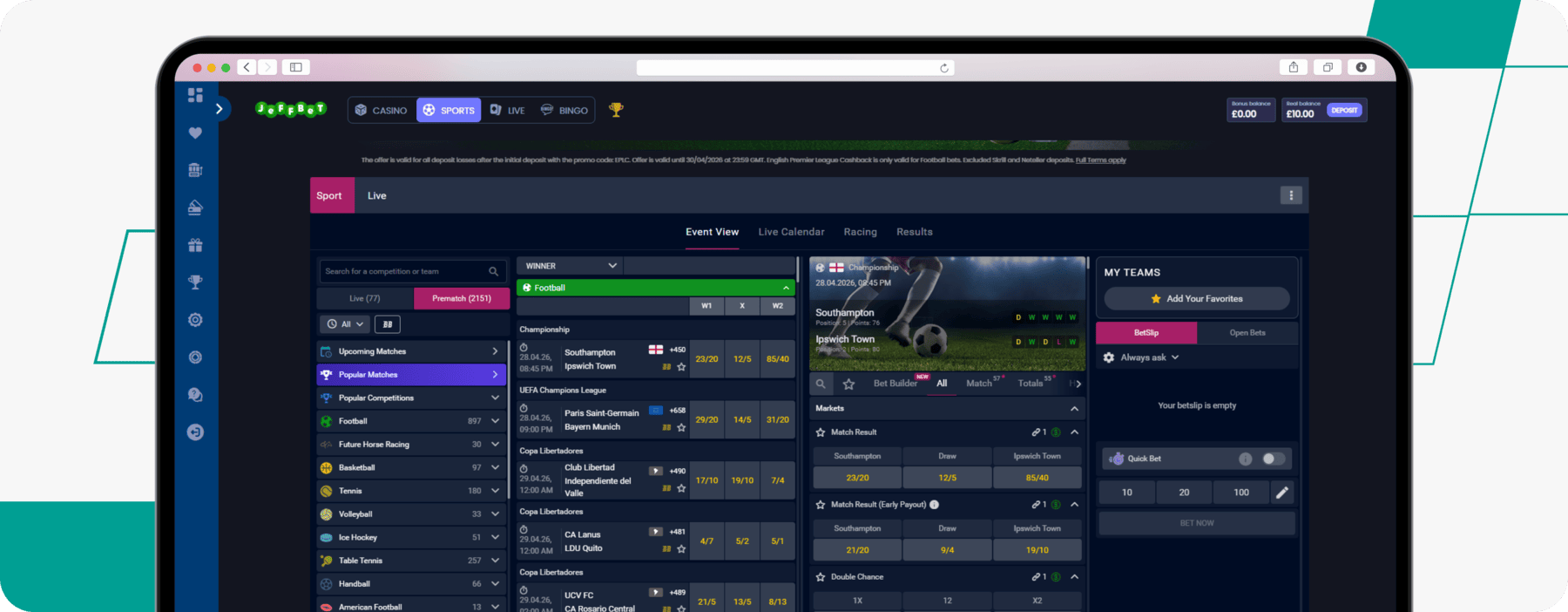 screenshot of jeffbet sportsbook main page