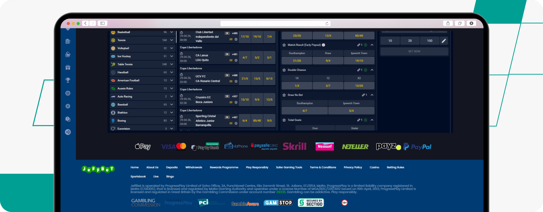 screenshot of jeffbet website footer