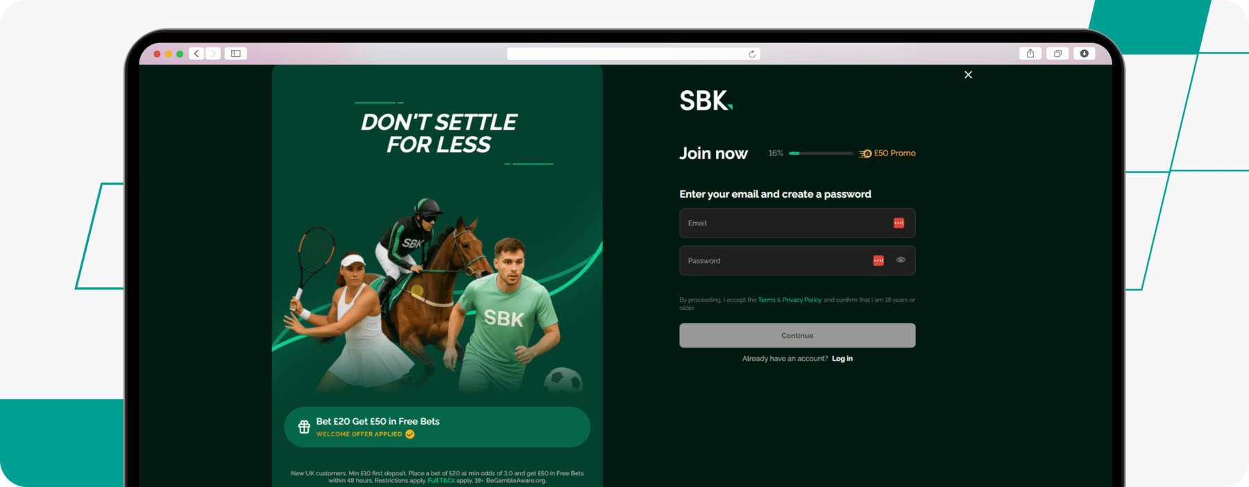 screenshot of sbk bet 20 get 50 welcome offer
