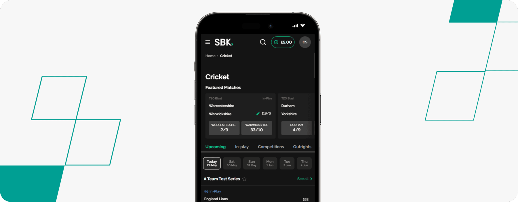 screenshot of sbk app cricket page