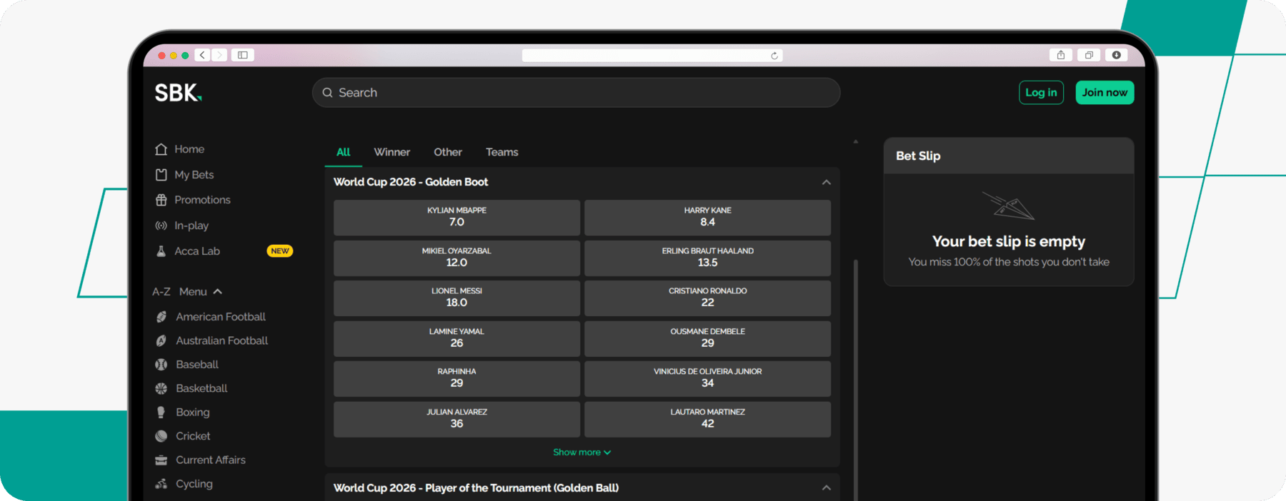 screenshot of sbk world cup top goalscorer odds