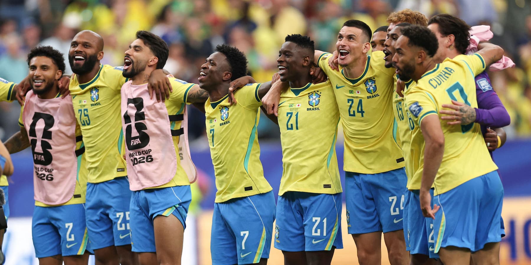 The Brazil team celebrate after their World Cup 2026 Round of 32 win over Japan