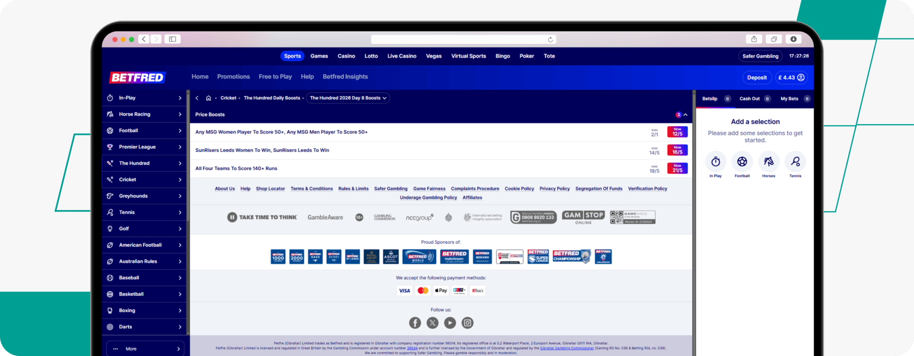 screenshot of betfred cricket odds boosts