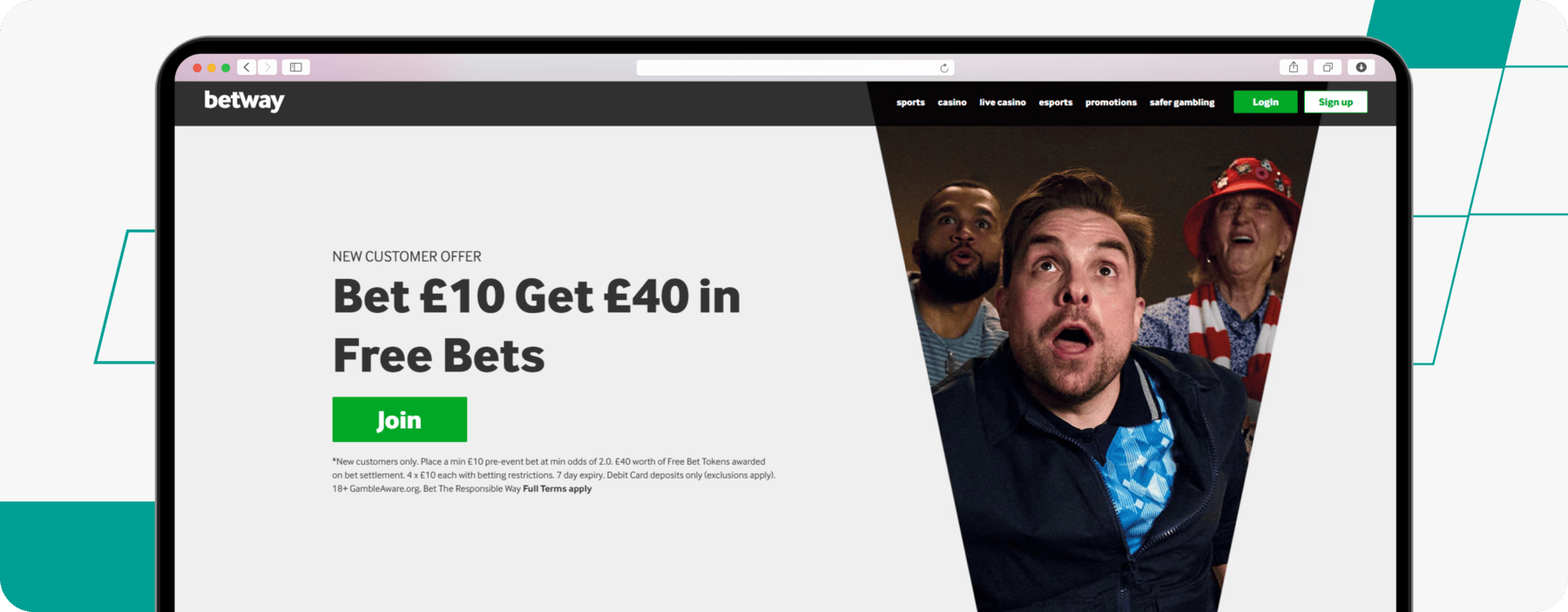 screenshot of betway bet 10 get 40 welcome offer