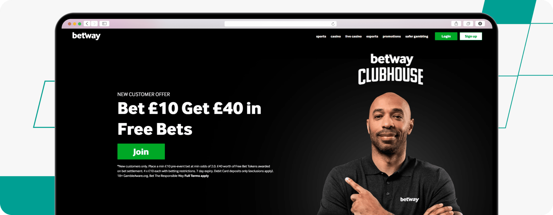screenshot of betway bet 10 get 40 welcome offer