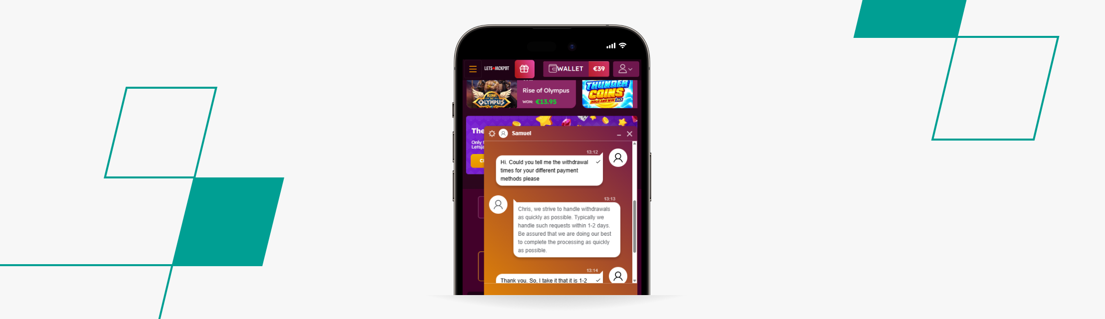 screenshot of letsjackpot customer service live chat