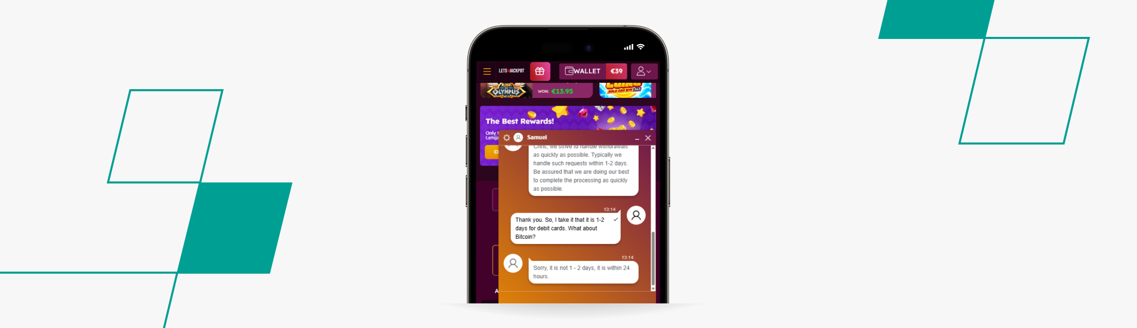 screenshot of letsjackpot customer service live chat