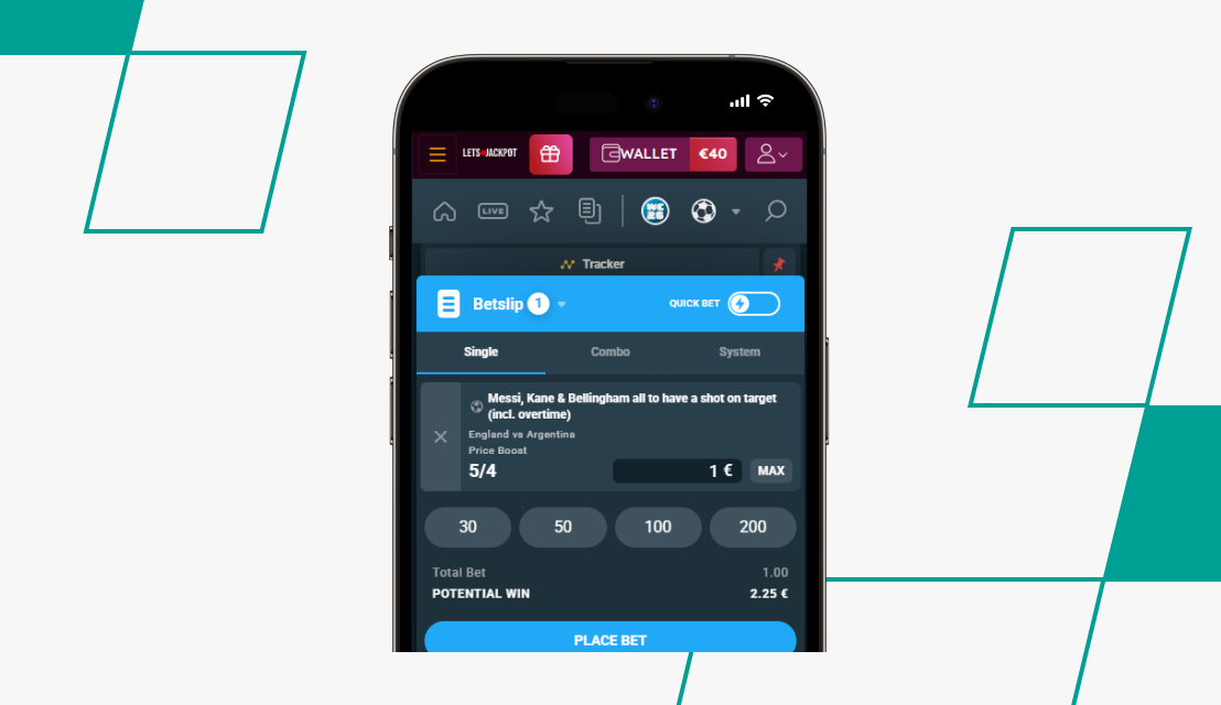 screenshot of letsjackpot bet slip with stake