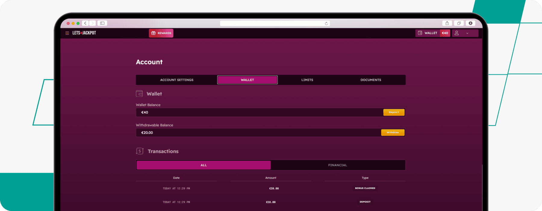 screenshot of letsjackpot wallet