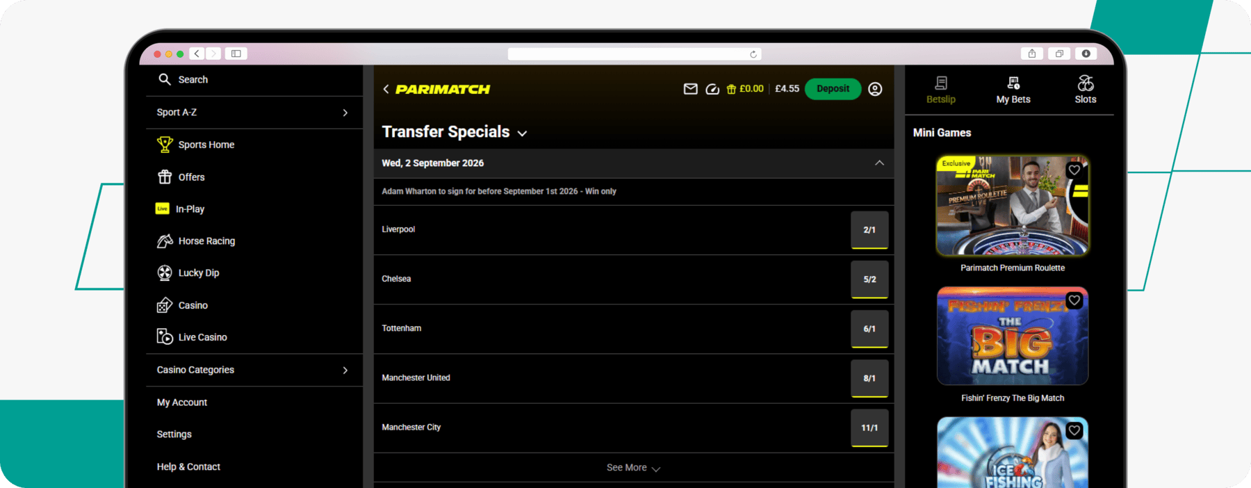 screenshot of parimatch football transfer specials