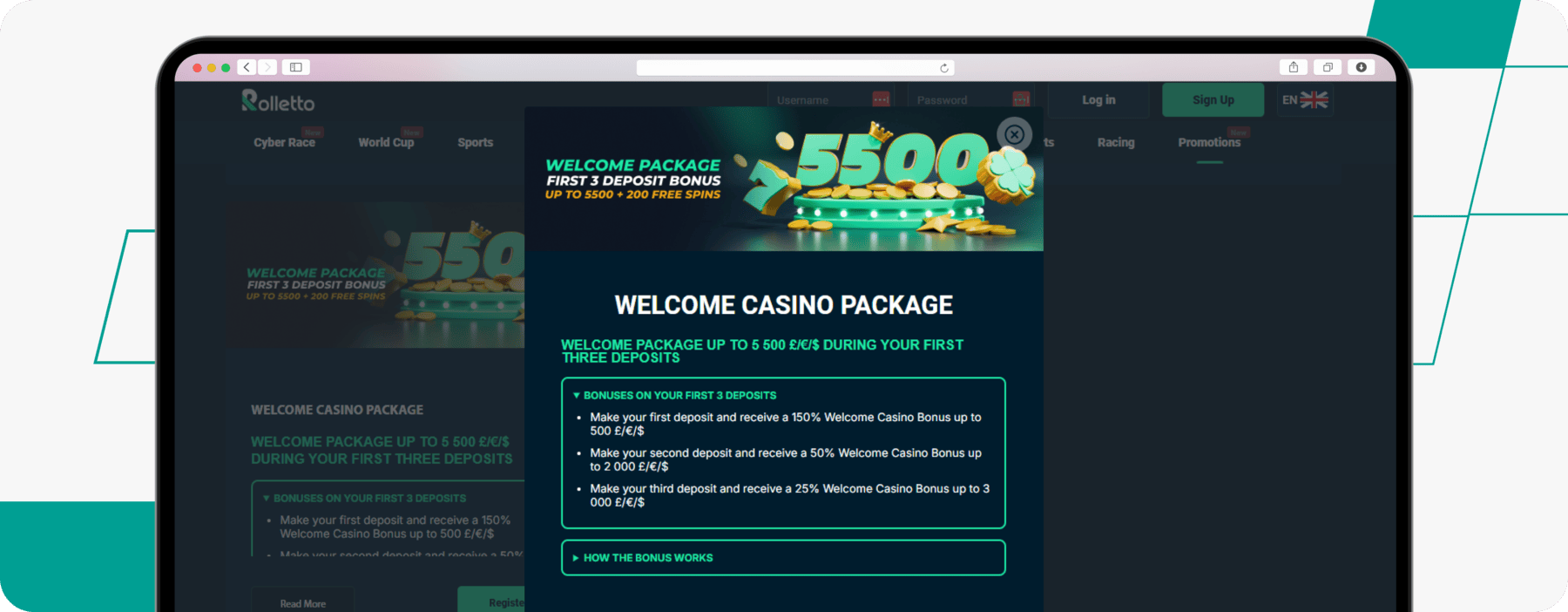 screenshot of rolletto casino welcome offer