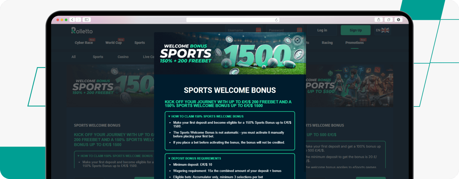 screenshot of rolletto sports welcome offer