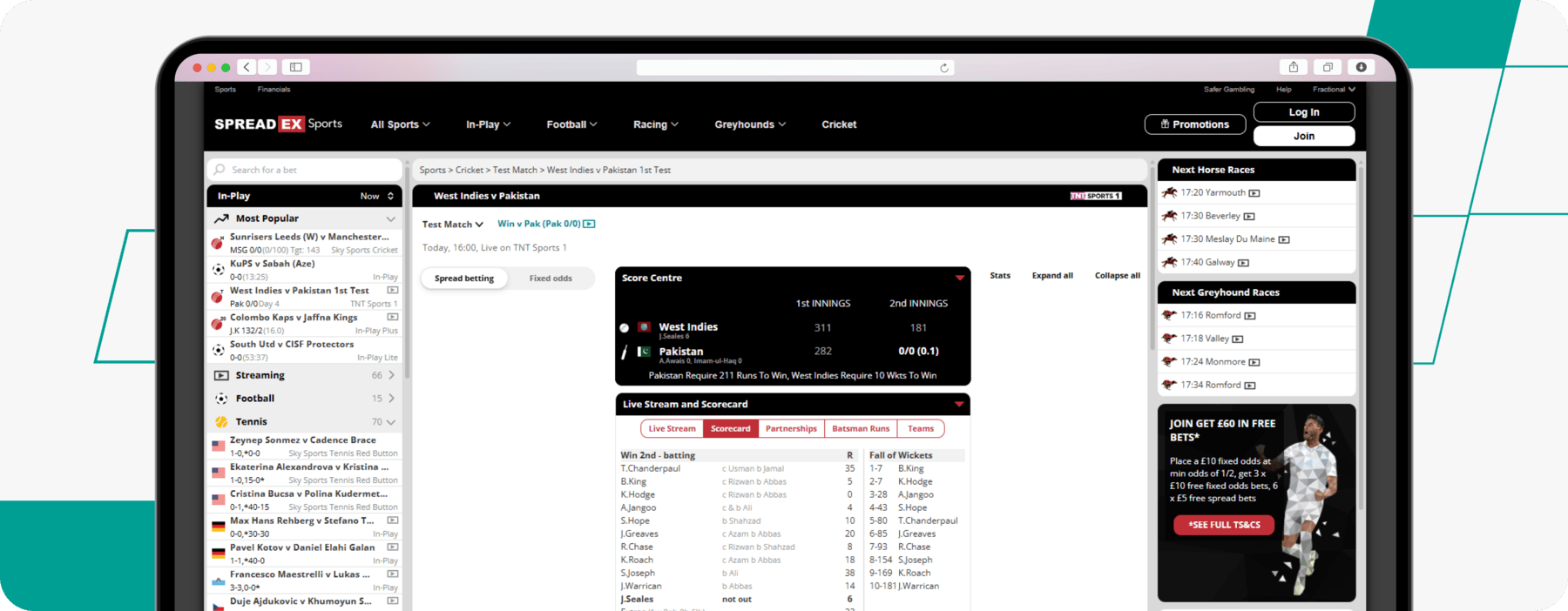 screenshot of spreadex cricket live betting page