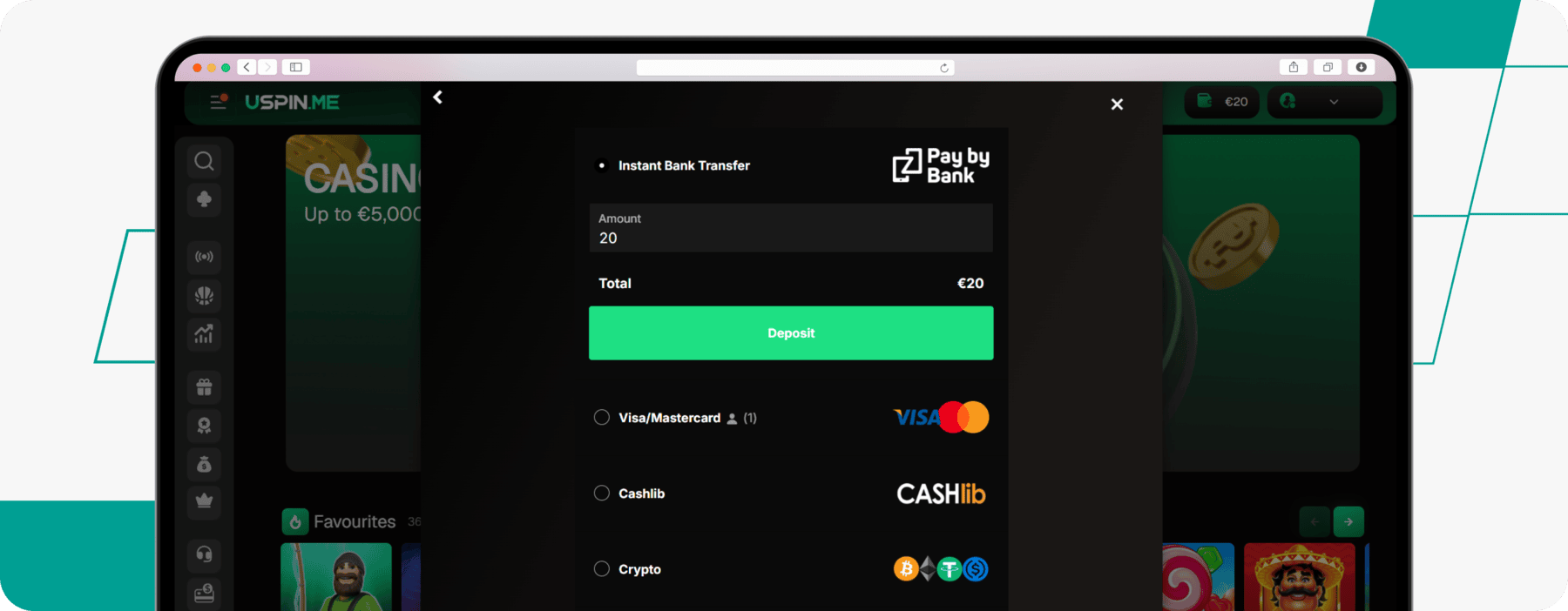 screenshot of uspin deposit methods