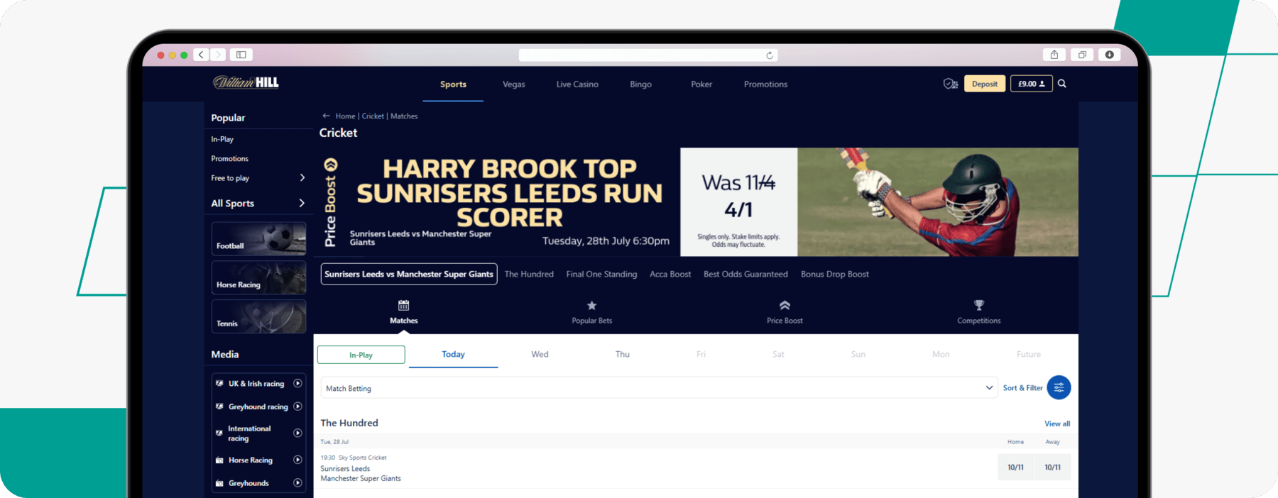 screenshot of william hill cricket betting page