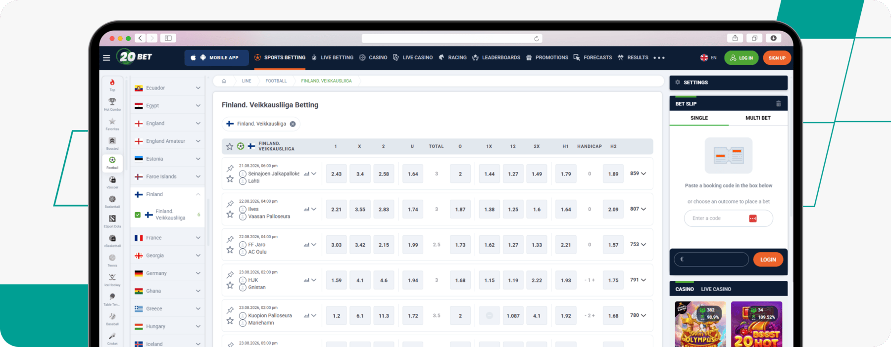 screenshot of 20bet finland football odds
