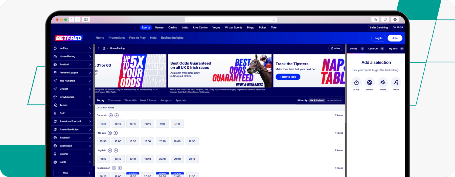screenshot of betfred horse racing betting main page