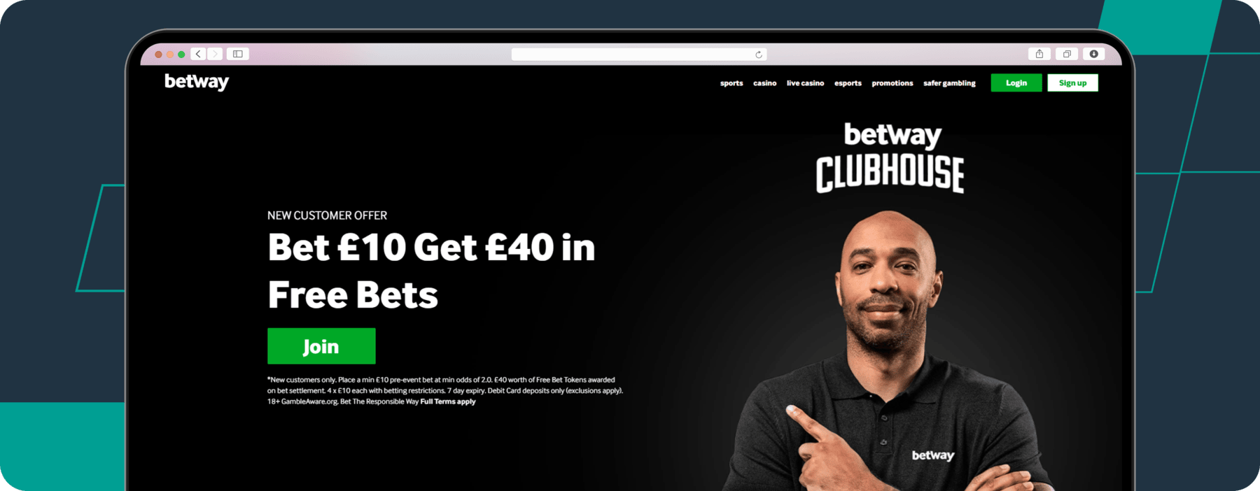 screenshot of betway bet 10 get 40 welcome offer