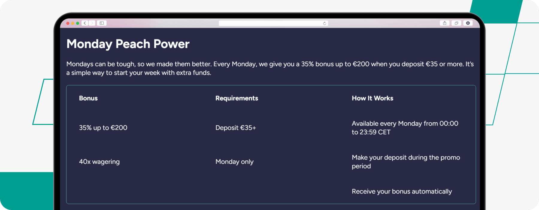 screenshot of casino peaches monday peach power offer details