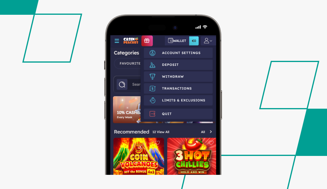 screenshot of casino peaches menu with withdrawal option