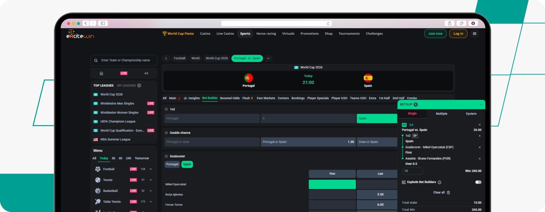 screenshot of excitewin bet builder feature