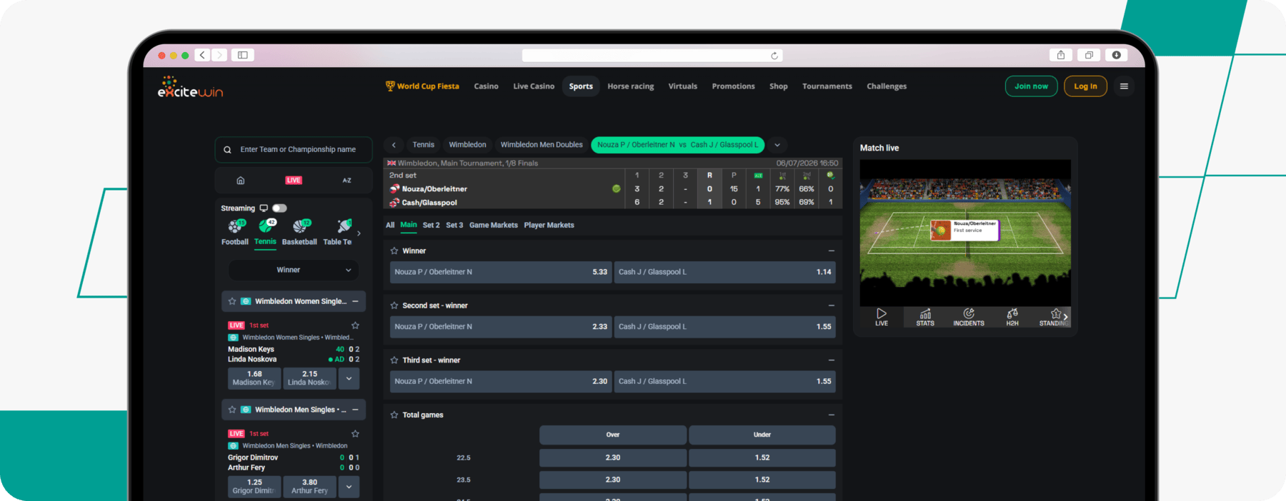 screenshot of excitewin live betting page