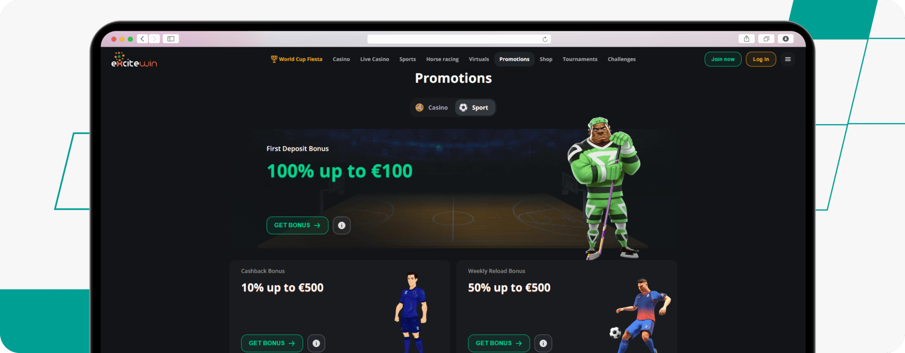 screenshot of excitewin promotions page