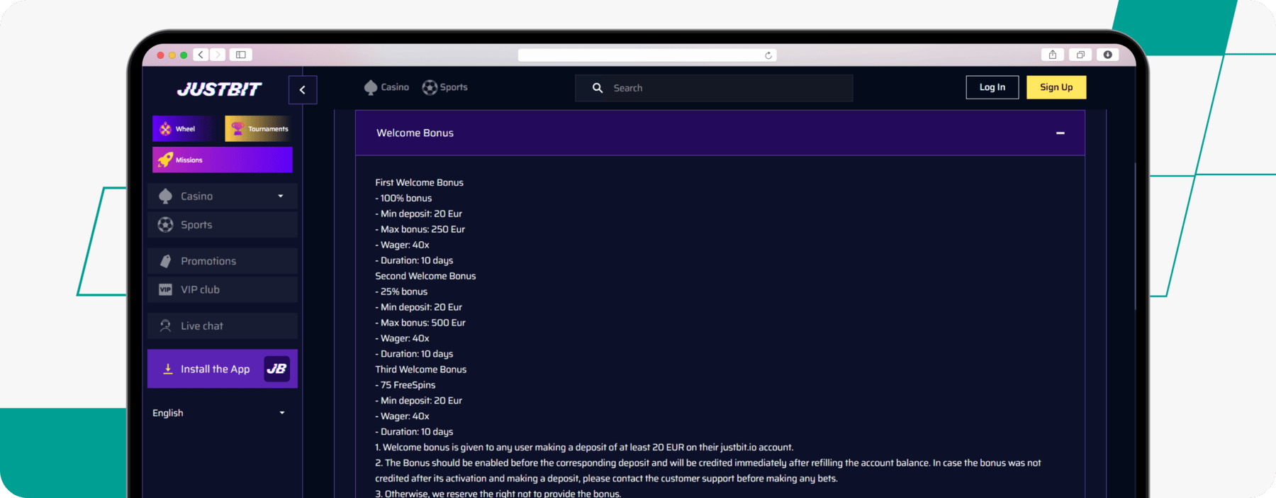 screenshot of justbit welcome bonus terms