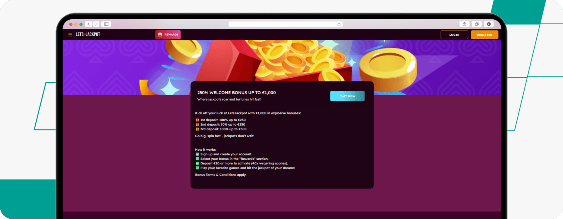 screenshot of letsjackpot casino welcome offer