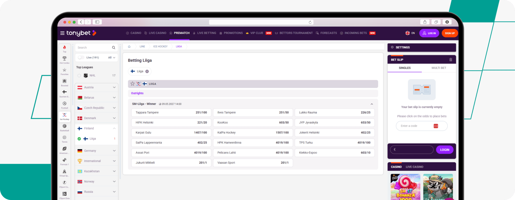 screenshot of tonybet finland ice hockey odds