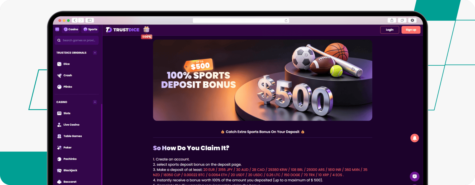 screenshot of trustdice sports deposit welcome bonus