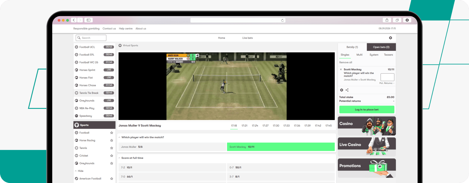 screenshot of 10bet virtual tennis