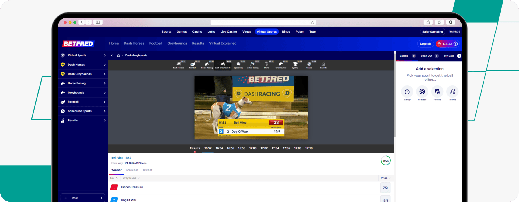 screenshot of betfred virtual grehound racing