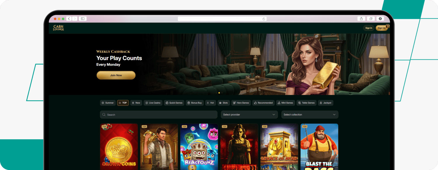 screenshot of cash lounge casino homepage