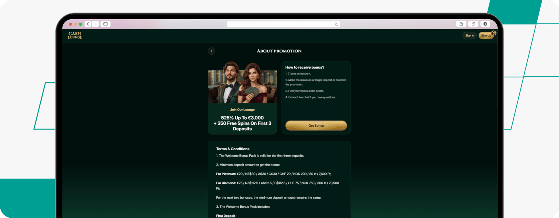screenshot of cash lounge casino welcome offer