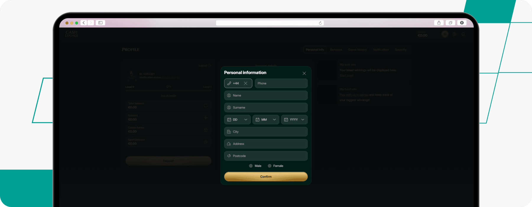 screenshot of cash lounge kyc check personal information form
