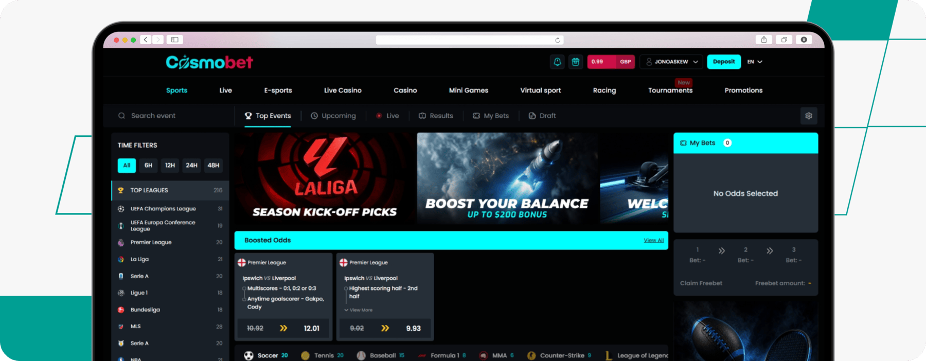 screenshot of cosmobet sportsbook