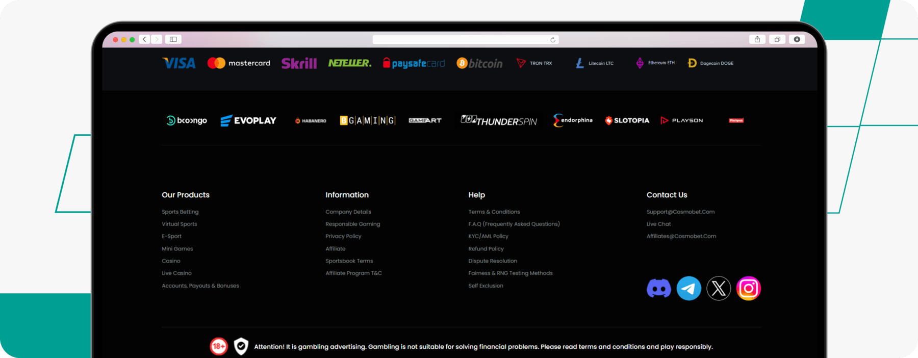 screenshot of cosmobet website footer