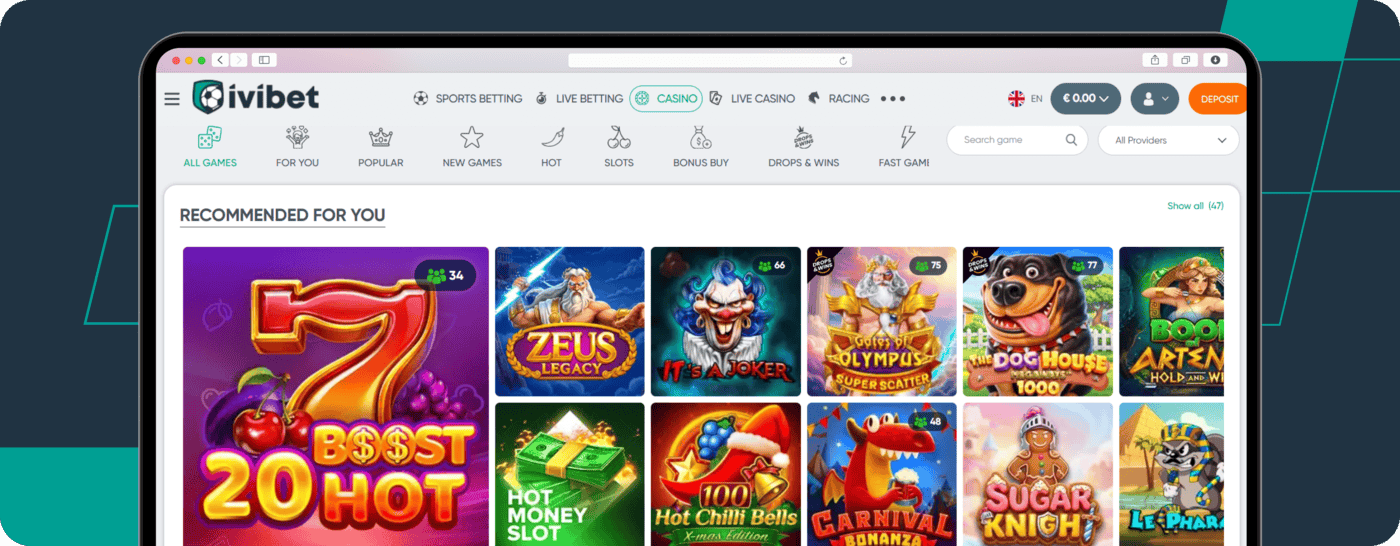 screenshot of ivibet casino homepage