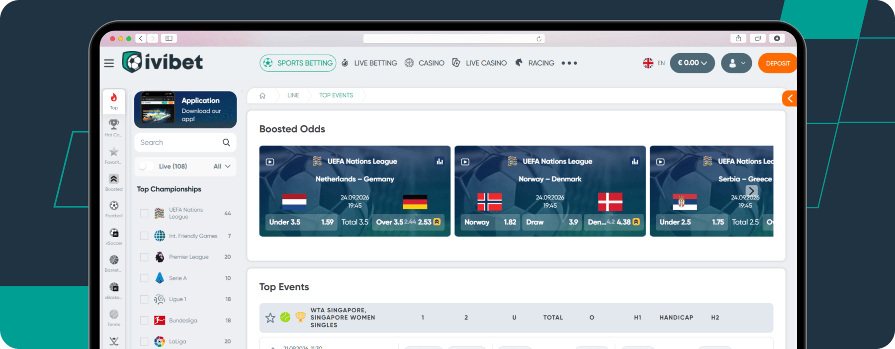 screenshot of ivibet sportsbook main page