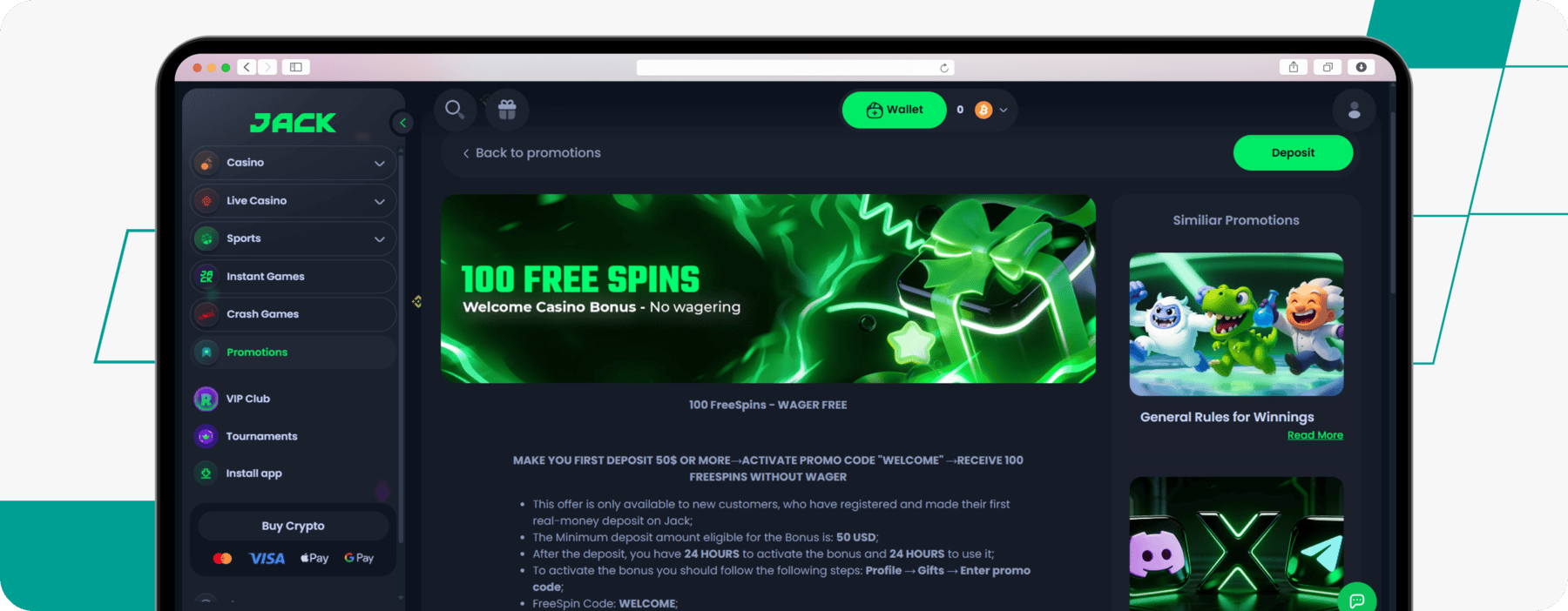 screenshot of jack casino welcome offer