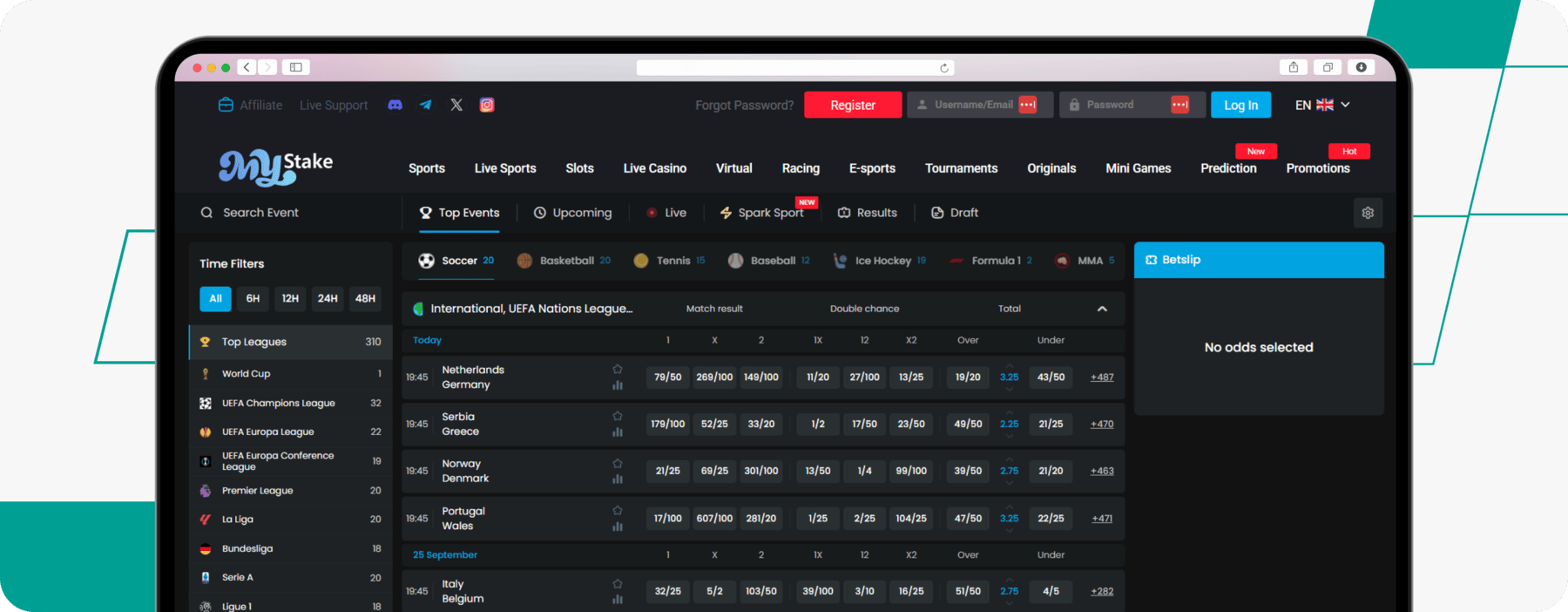 screenshot of mystake sportsbook showing top football events