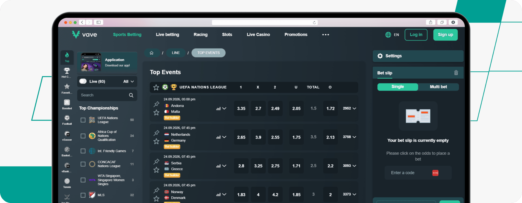 screenshot of vave sportsbook showing top events
