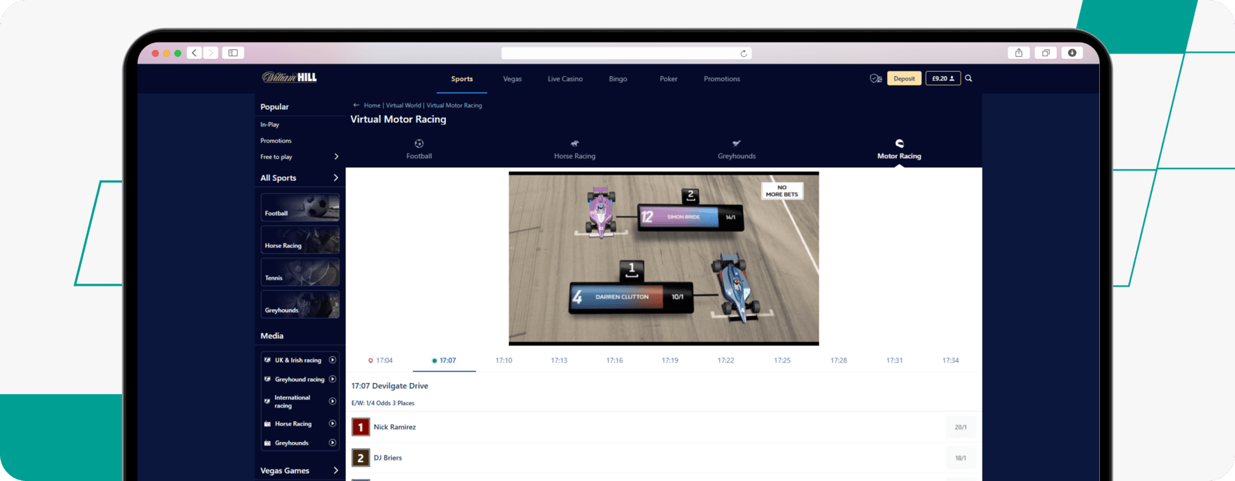screenshot of william hill virtual motorsports