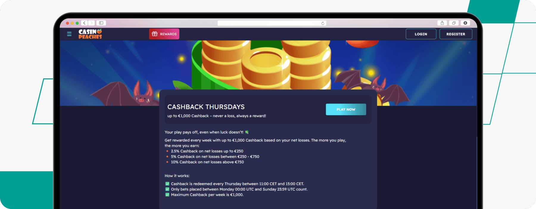 screenshot of casino peaches cashback thursdays offer