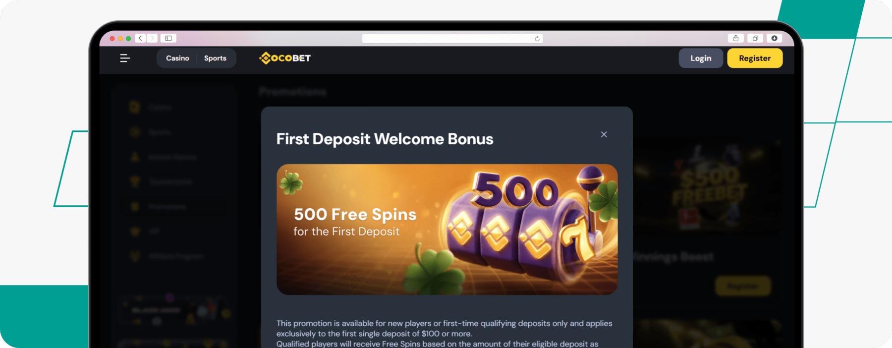 screenshot of cocobet casino welcome offer
